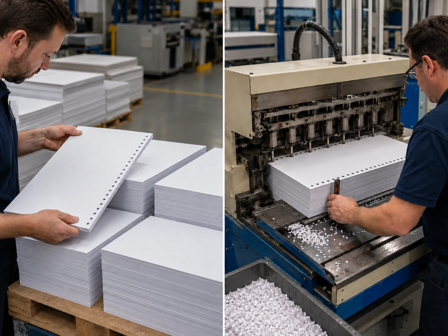 Production line comparison of pre-punched paper stock versus in-house die punching for commercial binding operations Production line comparison of pre-punched paper stock versus in-house die punching for commercial binding operations
